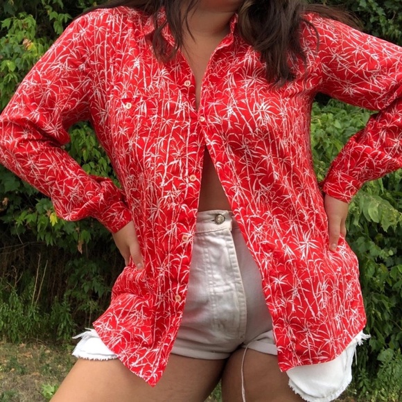 VTG 70s Silky Long Sleeve Blouse and Pleated Skirt Set in Red and White Bamboo - Picture 3 of 4
